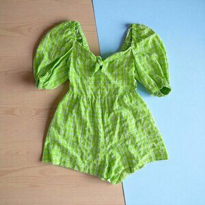 TOPSHOP Green White Gingham Plaid Puff Sleeve Romper Size US 4